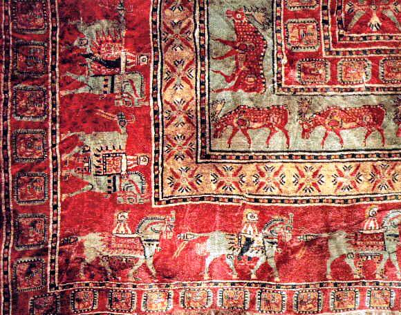 Segment of a 2500 year old Turkish carpet (The oldest known carpet in the world found in Pazyryk, Altai Mountains of Central Asia) 