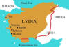 Kaart van Lydië. Het bruine gedeelte is het gebied in de 6e eeuw v.Chr. en de rode lijn de Romeinse provincie