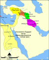 Overview map in the 15th century BC showing the core territory of Assyria with its two major cities Assur and Nineveh wedged between Babylonia downstream on the Tigris and the states of Mitanni and Hatti upstream.
