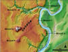 The illustration above shows the core features of the Poverty Point site in northern Louisiana. The green to the right is the Mississippi River flood plain. The orange is Macon Ridge, the higher ground on which the site is located. Six C-shaped ridges are visible at the site. Parts of the ridges have been damaged by historic and modern activities. The pattern south of Mound E is the result of farm activity. Many of the low areas around the site  lighter yellow  are thought to be places where soil was mined to make ridges and mounds.1 of 3The illustration above shows the core features of the Poverty Point site in northern Louisiana. The green to the right is the Mississippi River flood plain. The orange is Macon Ridge, the higher ground on which the site is located. Six C-shaped ridges are visible at the site. Parts of the ridges have been damaged by historic and modern activities. The pattern south of Mound E is the result of farm activity. Many of the low areas around the site  lighter yellow  are thought to be places where soil was mined to make ridges and mounds. Credit: T.R. Kidder