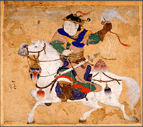 Mounted falconer, Tabriz (?), (detail) c.1478-90. Opaque pigment, ink, gold and silk. Topkapι Saray Museum, Istanbul. Photo Hadiye Cangökçe.