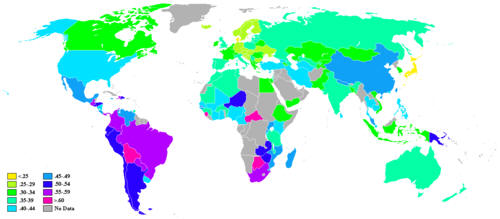Spatial distribution of Gini coefficient (justice); Gini Coefficient World Human Development Report 2007-2008