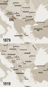 De kaart van de Balkan na het Verdrag van Berlijn (1879) en na het Verdrag van Versailles (1919).